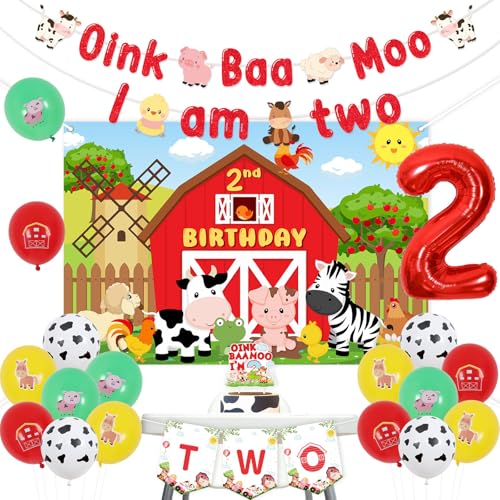 Jollyboom Oink Baa Moo Im Two Party-Dekorationen mit Bauernhoftieren zum 2. Geburtstag, Dekoration für Hochstuhl, Kuchendekoration, Zahl 2, Luftballons für 2 Jahre alte Bauernhof-Party von Jollyboom