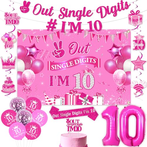 Jollyboom Peace Out Single Digits I'm 10 Birthday Decorations, Hot Pink 10th Birthday Decorations Balloons Backdrop Banner Hanging Swirls Cake Topper Sash 10 Foil for 10 Year Old Girl Bday Party Jollyboom Peace Out Single Digits I'm 10 Birthday Decorations, Hot Pink 10th Birthday Decorations Balloons Backdrop Banner Hanging Swirls Cake Topper Sash 10 Foil for 10 Year Old Girl Bday Party von Jollyboom