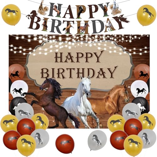 Jollyboom Pferd Geburtstag Party Dekorationen, Kindergeburtstag Deko mit Pferd Hintergrund, Happy Birthday Banner, Luftballons für Pferderennen Party Supplies von Jollyboom
