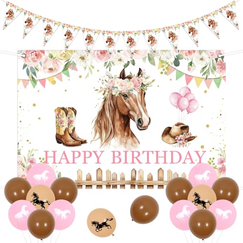 Jollyboom Pferde Deko Geburtstag Mädchen, Pferde Hintergrund Happy Birthday Banner Rosa Floral Wimpelkette Luftballons für Kindergeburtsta Pferderennen Geburtstag Party von Jollyboom