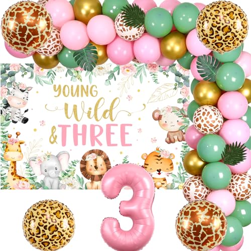 Jollyboom Pink Safari 3rd Birthday Party Decorations for Girls, Young Wild and Three Backdrop Sage Green and Pink Balloon Arch Forest Animal Number 3 Balloons for Jungle Theme 3rd Birthday Decorations von Jollyboom