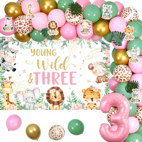 Jollyboom Pink Safari 3rd Birthday Party Decorations for Girls, Young Wild and Three Backdrop Sage Green and Pink Balloon Arch Forest Animal Number 3 Balloons for Jungle Theme 3rd Birthday Decorations von Jollyboom