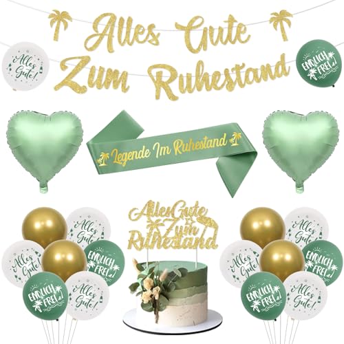 Jollyboom Rente Deko, Alles Gute Zum Ruhestand Girlande Banner Luftballons Tortendeko Legende I'm Ruhestand Schärpe Salbei Grün Gold Endlich Frei Ballon für Frauen Männer Abschiedsfeier Rente Party von Jollyboom