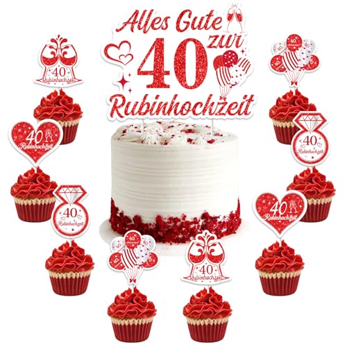 Jollyboom Rubinhochzeit Deko, 40 Hochzeitstag Dekoration Tortendeko Alles Gute Zum 40 Hochzeitstag Kuchen Deko Tortenaufsatz Cupcake Topper Rot für 40 Jahre Hochzeit Jubiläum Geburtstag Deko von Jollyboom