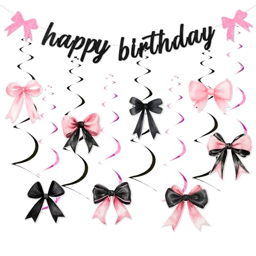 Jollyboom Schwarz und Rosa Schleife Geburtstag Party Dekorationen, Kokette Happy Birthday Banner Bowknot Hängende Wirbel für Frauen Mädchen Mädchen Kokette Party Supplies von Jollyboom