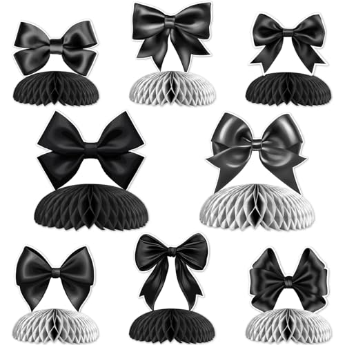 Jollyboom Schwarze Schleife, Party-Dekorationen für Tisch, 8 Stück, schwarze Schleife, Waben-Mittelstücke, Kokette, Tischdekoration für schwarze Schleife, Kokette, Geburtstag, Babyparty, Brautparty, von Jollyboom