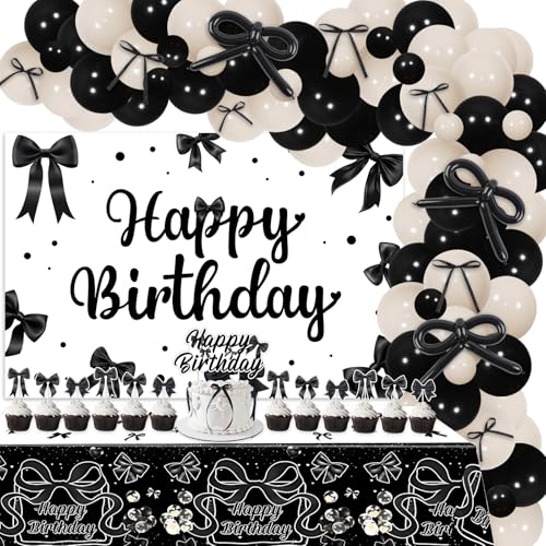 Jollyboom Schwarze Schleife Geburtstag Dekorationen Mädchen, Kokette Happy Birthday Hintergrund Tischdecke Kuchen Cupcake Topper Satinband Schwarz Weiß Schleife Ballonbogen für Frauen Mädchen Schleife Jollyboom Schwarze Schleife Geburtstag Dekorationen Mädchen, Kokette Happy Birthday Hintergrund Tischdecke Kuchen Cupcake Topper Satinband Schwarz Weiß Schleife Ballonbogen für Frauen Mädchen Schleife von Jollyboom