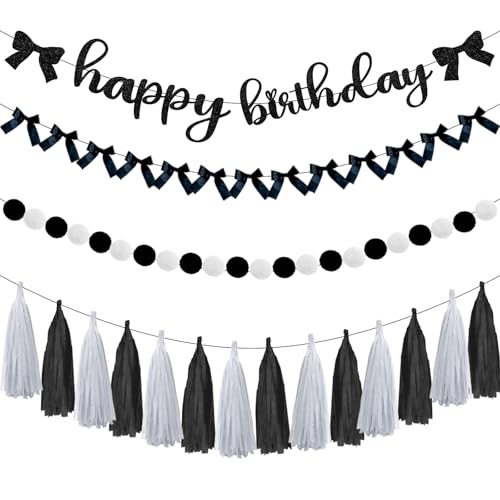 Jollyboom Schwarze Schleife Geburtstag Party Dekorationen, Kokette Geburtstag Dekorationen Happy Birthday Banner Girlande Quaste Girlande Pom Pom Filzball Girlande für Bogen Themed Geburtstag Party Jollyboom Schwarze Schleife Geburtstag Party Dekorationen, Kokette Geburtstag Dekorationen Happy Birthday Banner Girlande Quaste Girlande Pom Pom Filzball Girlande für Bogen Themed Geburtstag Party von Jollyboom