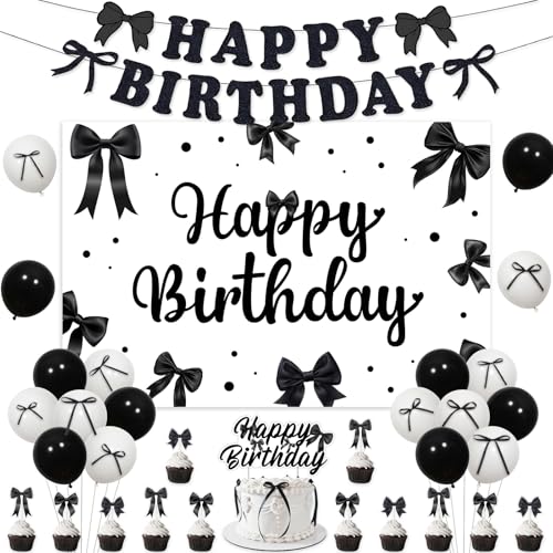 Jollyboom Schwarze Schleife Geburtstag Party Dekorationen Mädchen, Schwarz Kokette Happy Birthday Hintergrund Banner Kuchen Cupcake Topper Satinband Schwarz Weiß Luftballons für Frauen Mädchen Jollyboom Schwarze Schleife Geburtstag Party Dekorationen Mädchen, Schwarz Kokette Happy Birthday Hintergrund Banner Kuchen Cupcake Topper Satinband Schwarz Weiß Luftballons für Frauen Mädchen von Jollyboom