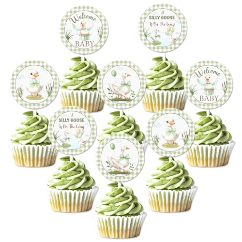 Jollyboom Silly Goose Babyparty-Party-Dekorationen für Jungen und Mädchen, 24 Stück, grün, eine alberne Gans ist auf dem Weg, Cupcake-Topper, Gänsemotiv-Kuchendekorationen für alberne Gänse, Babyparty von Jollyboom
