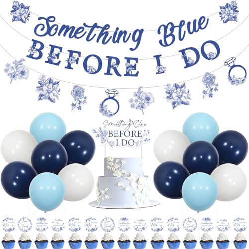 Jollyboom Something Blue Bridal Shower Decorations, Something Blue Before I Do Banner Cake Cupcake Toppers Balloons Blue White Vintage Floral Garland for Bachelorette Wedding Engagement Party von Jollyboom