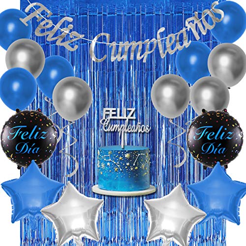 Jollyboom Spanische Geburtstagsdekorationen – Feliz Cumpleaños Dekorationen Blau und Silber Geburtstag Banner Luftballons Kuchen Topper Vorhang von Jollyboom