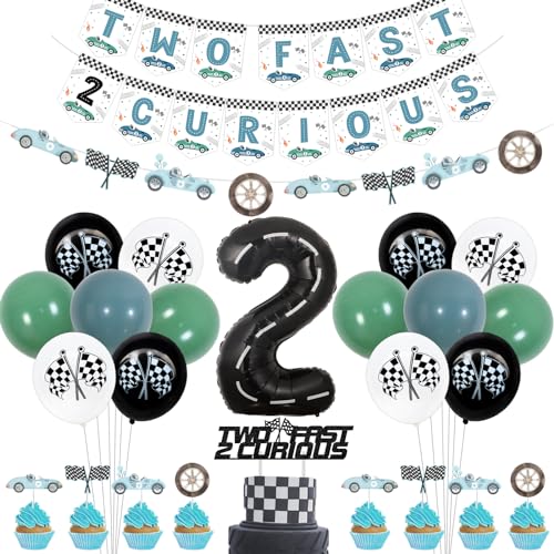 Jollyboom Two Fast Two Curious Birthday Decoration Race Car 2nd Birthday Party Decorations Banner Garland Cake Cupcake Topper Number 2 Foil Balloon Blue Green Balloon for Boy Racing Car 2nd Birthday von Jollyboom