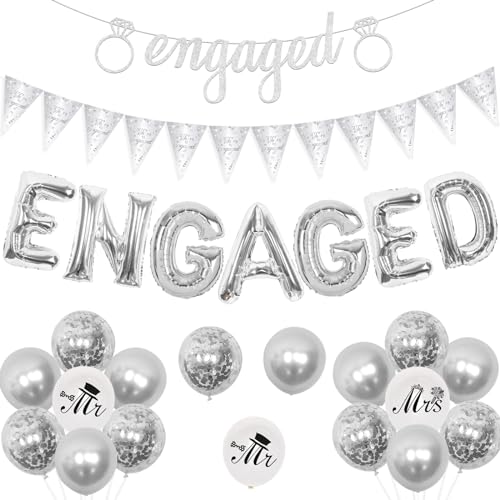 Jollyboom Verlobungs-Party-Dekorationen, Silber, wir sind Engaged Wimpelbanner Verlobte Folienballons für Mr and Mrs He Asked She Said Yes Verlobungsdekorationen Hochzeit Brautparty von Jollyboom