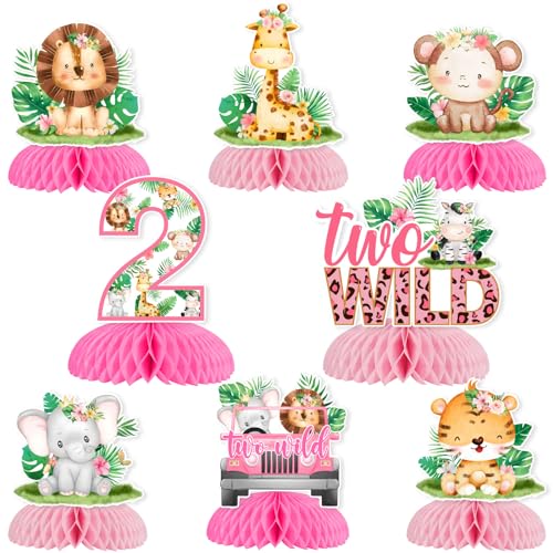 Jollyboom Zwei wilde Geburtstagsdekorationen, 8 Stück, rosa Safari-Party-Waben-Mittelstück für Mädchen, 2. Geburtstag, Safari-Tiere, Tischdekoration für 2 Jahre alte Mädchen, von Jollyboom