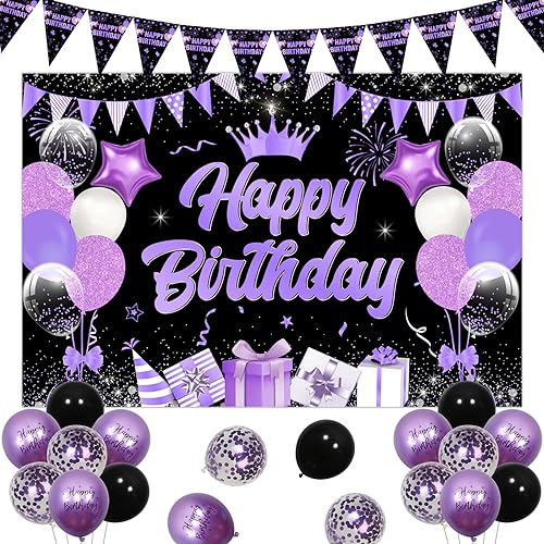Lila und Schwarz Happy Birthday Dekorationen, Happy Birthday Hintergrund Banner und Luftballons, Lila Geburtstag Dreieck Flagge Wimpelkette für 13. 16. 21. 30. 60. Geburtstag Party Jubiläum Feier von Jollyboom