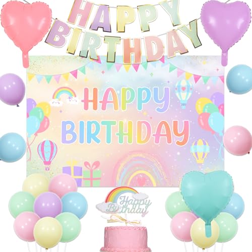 Pastell Regenbogen Geburtstag Dekorationen für Mädchen, Bunte Happy Birthday Hintergrund Happy Birthday Luftballons Banner Pastell Rosa Lila Blau Herz Folienballons Tortenaufsatz für 1. 2. Geburtstag von Jollyboom