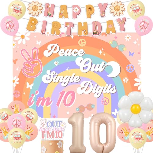 Peace Out Single Digits Party Decoration Girl, Groovy 10th Birthday Decorations Boho Happy Birthday Banner Peace Out Single Digits I'm 10 Backdrop Cake Topper Number 10 foil balloon for 10th Birthday von Jollyboom