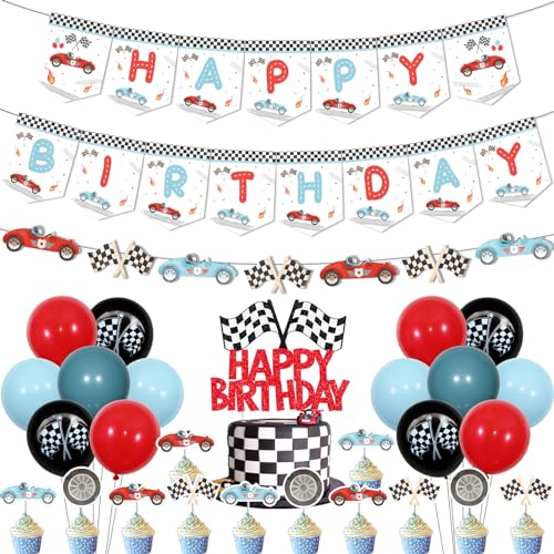 Vintage Rennwagen Geburtstag Dekorationen - Retro Blau Happy Birthday Banner Girlande, Rot Blau Schwarz Ballons, Kuchen Cupcake Topper für Jungen Rennwagen Thema Geburtstagsfeier von Jollyboom