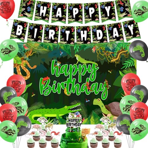 Reptilien-Geburtstagsdekorationen, Reptilien-Sumpf Geburtstagsbanner Hintergrund Safari-Tiere Eidechse Schlange, Schildkröte Alligator Reptilien-Luftballons Kuchendekoration Dschungeltier-Mottoparty von Jollyboom