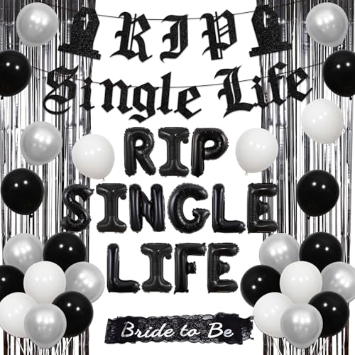 Rip Single Life Junggesellinnenabschied Dekoration, Gothic Brautdusche Dekorationen Banner Schwarz Weiß Ballon Bride to Be Schärpe Fransenvorhang Ring Folienballon für Verlobung Hochzeit von Jollyboom