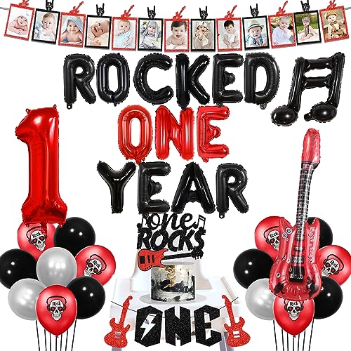 Rock and Roll 1st Birthday Decorations Boys Girls, One Rocks Music Theme Party Decoration One High Chair Banner Cake Topper Photo Banner Black Red Balloon Rocked One Year Guitar Number 1 Foil Balloon von Jollyboom