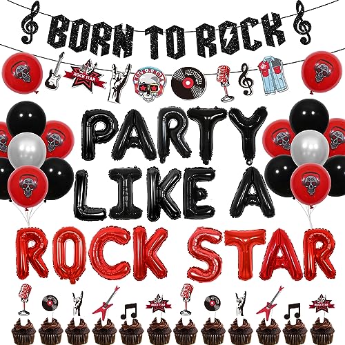 Rock and Roll Geburtstagsdekorationen, Born To Rock Music Note Banner mit Party Like A Rock Star Folienballon Schwarz Rot Rock Cupcake Topper für Kinder Erwachsene Musik Themed Geburtstagsfeier Rock and Roll Geburtstagsdekorationen, Born To Rock Music Note Banner mit Party Like A Rock Star Folienballon Schwarz Rot Rock Cupcake Topper für Kinder Erwachsene Musik Themed Geburtstagsfeier von Jollyboom