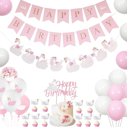 Schwan Geburtstag Dekorationen, Schwan Prinzessin Party Dekorationen Banner Weiß Rosa Schwan Ballon Schwan Kuchen Cupcake Toppers Folienballon für Mädchen Geburtstag Party Babyparty von Jollyboom