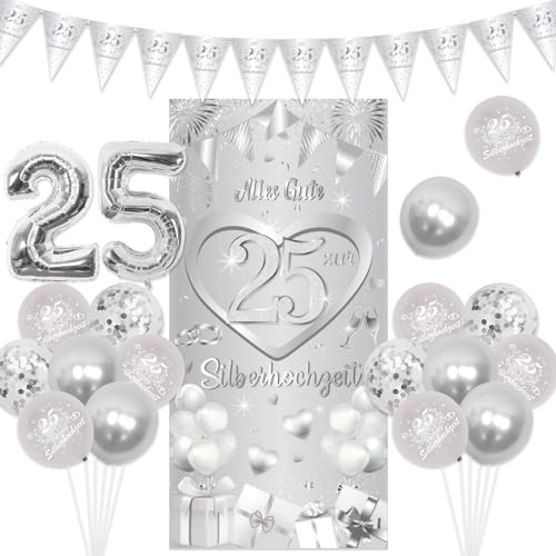 Silberhochzeit Deko, 25 Hochzeitstag Dekoration, 25. Hochzeitstag Hintergrund Banner und 25 Jahre Silberhochzeit Luftballons, Wimpelkette Hochzeit Silber Ballon Zahl 25 für Silberne Hochzeit Deko von Jollyboom