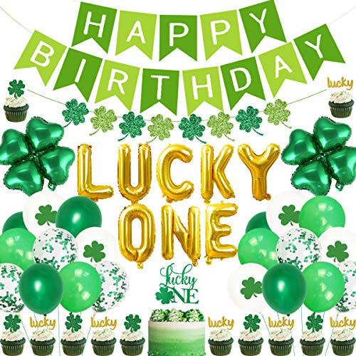 St. Patrick's Day First Birthday Party Dekorationen Kit Lucky One Folienballons Tortenaufsatz Kleeblatt vierblättriges Kleeblatt Girlande Irish 1. Geburtstag Zubehör von Jollyboom