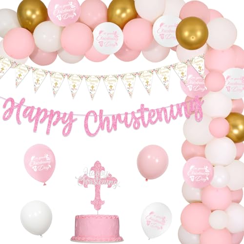 Taufe Dekorationen für Mädchen rosa, auf Ihre Taufe Tag Wimpel Banner, rosa weiß Gold Ballon Bogen mit glücklichen Taufe Banner Kuchen Topper für Taufe Partei Erstkommunion Baby-Dusche Taufe Dekorationen für Mädchen rosa, auf Ihre Taufe Tag Wimpel Banner, rosa weiß Gold Ballon Bogen mit glücklichen Taufe Banner Kuchen Topper für Taufe Partei Erstkommunion Baby-Dusche von Jollyboom