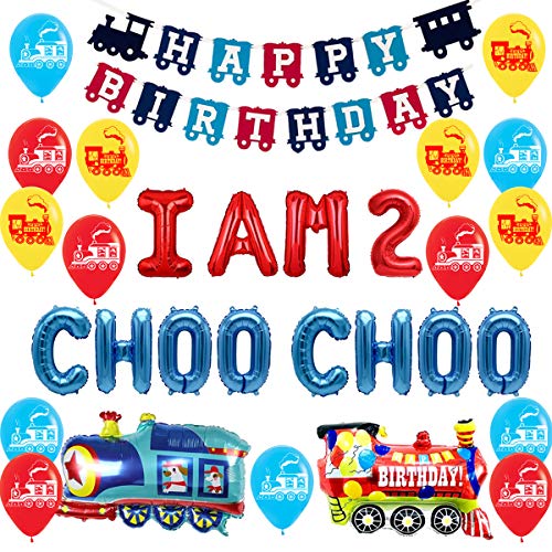 Train 2nd Birthday Party Decorations Supplies for 2 Year Old Boy - Choo Choo Im Two Balloons Happy Birthday Banner for Chugga Chugga Two Two Railroad Party Decorations von Jollyboom