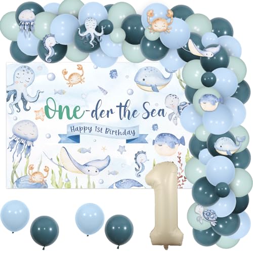 Jollyboom Under the Sea 1st Birthday Decoration Junge, Oneder Decorations Backdrop Ocean Animal Stickers Balloon Arch Kit Number 1 Foil for Boy Underwater Party von Jollyboom