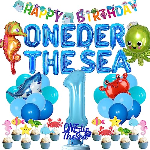 Unter dem Meer 1. Geburtstag Party Dekorationen, Ozean Thema Luftballons Oneder The Sea Crab Shark Octopus Seepferdchen Folienballon, Ozean Kuchen Cupcake Topper für Jungen Mädchen Erster Geburtstag von Jollyboom