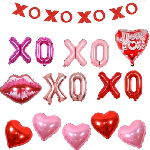 Valentinstag Buchstaben XOXO Luftballons Rot Rosa - Rote Herzballons für romantische Nachtdekoration,Lippen Folienballons und XOXO Banner für Junggesellinnenabschied Hochzeit Verlobung Party Dekor von Jollyboom