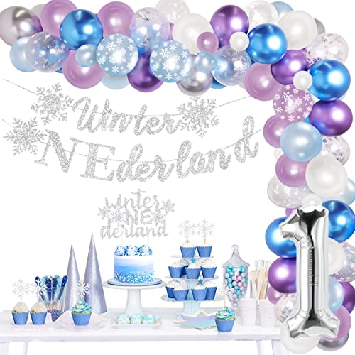 Winter Onederland 1st Birthday Girl Lieferung mit Luftballon lila blau Kit Bogen Silver Onederland Banner Snowflake Cupcake Toppers Nummer 1 Folienballon von Jollyboom