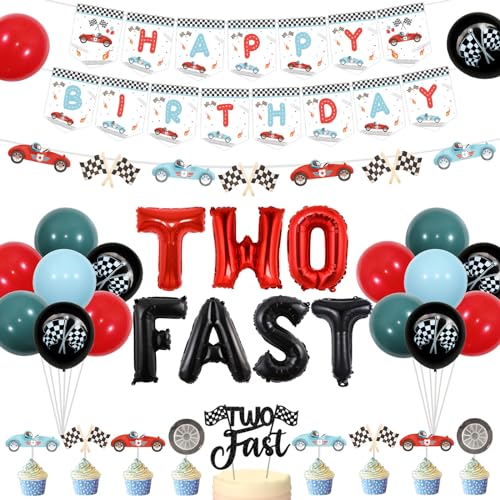 Zwei schnelle Geburtstagsdekorationen für Jungen, Rennauto 2. Geburtstag Party Dekoration Happy Birthday Banner Girlande Kuchen Cupcake Topper Blau Rot Ballon Nummer 2 Folienballon für 2 Jahre alten von Jollyboom