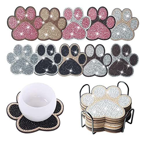 Jomewory 10PCS Diamond Dot Art Untersetzer Dog Paw Shaped Diamond Dots Painting Untersetzer Kit mit Halter Diamond Untersetzer DIY Art Gem Painting Kits Zubehör DIY Diamond Art Crafts von Jomewory