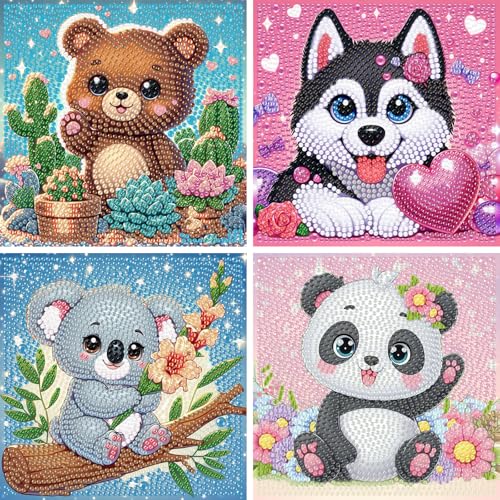 Jomzuci Diamond Painting Kinder, 4er Set Diamant Painting Bilder, Diamond Painting Kinder ab 4 5 6 7 8 9 10 Jahre, DIY Mosaikherstellung Basteln Mädchen 6-12 Jahre 15x15cm (Tiere A) von Jomzuci