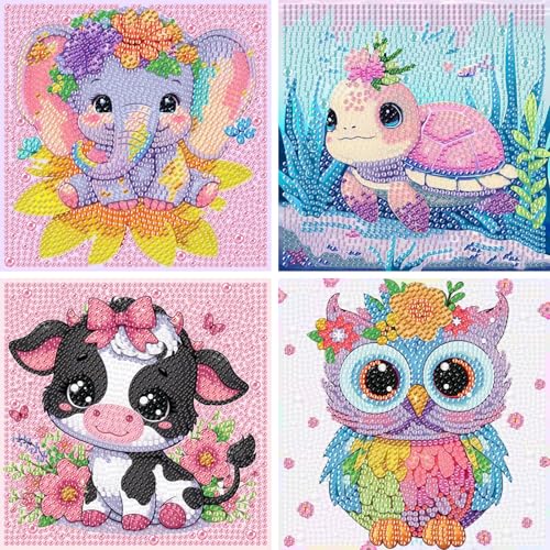Jomzuci Diamond Painting Kinder, 4er Set Diamant Painting Bilder, Diamond Painting Kinder ab 4 5 6 7 8 9 10 Jahre, DIY Mosaikherstellung Basteln Mädchen 6-12 Jahre 15x15cm (Tiere B) von Jomzuci