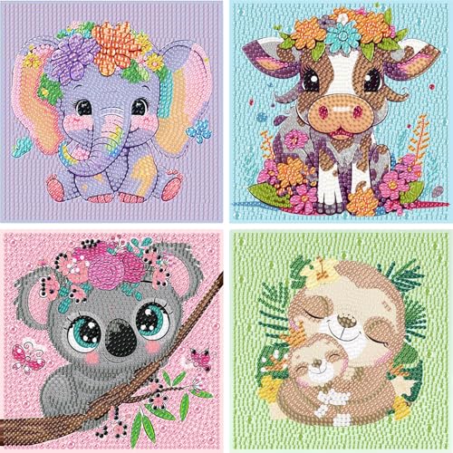 Jomzuci Diamond Painting Kinder, 4er Set Diamant Painting Bilder, Diamond Painting Kinder ab 4 5 6 7 8 9 10 Jahre, DIY Mosaikherstellung Basteln Mädchen 6-12 Jahre 15x15cm (Tiere C) von Jomzuci