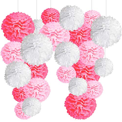 24er Rosa Deko Seidenpapier Pompons, Dekorpapier Blumenpuscheln Papier, Rosetten, Papierfächer. Dekoration Hochzeit, Taufe Mädchen, Baby Shower, Geburtstag Party, JGA -24Stk- von Jonami