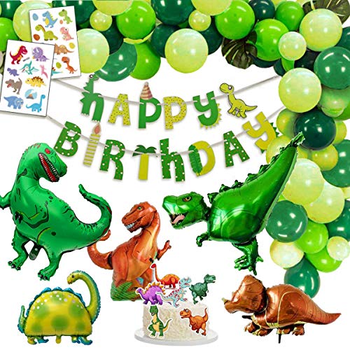 Dinosaurier Geburtstagsdeko Junge Kindergeburtstag Geburtstag Deko Party mit Happy Birthday Girlande, 2 Riesige Dinosaurier, 3 XXL Dino Ballons, 2 Set Tattoos, 6 Tortenaufsätze, 30 Luftballons von Jonami