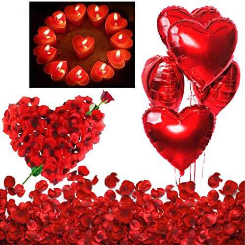 Romantische Kerzen Rote Teelichter und Rosenblätter, Romantisch Deko Set, Teelichter Herzform, Seide Rote Rosenblüten, Rote Herzförmige Folienballons von Jonami