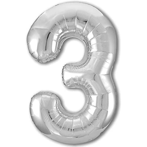 Luftballon 3. Geburtstag Zahl 3 Silber XXL Riesen Folienballon 100cm Geburtstagsdeko Ballon Zahl Deko zum Geburtstag. Fliegt mit Helium. von Jonami