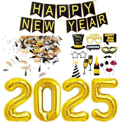 Silvester Deko – Dekoration Set, Neujahr Silvesterdeko, Happy New Year Girlande + Folienballons + Fotorequisiten Masken Konfetti. Neujahrsdeko / Silvesterpartydeko Accessoire für Silvesterparty von Jonami