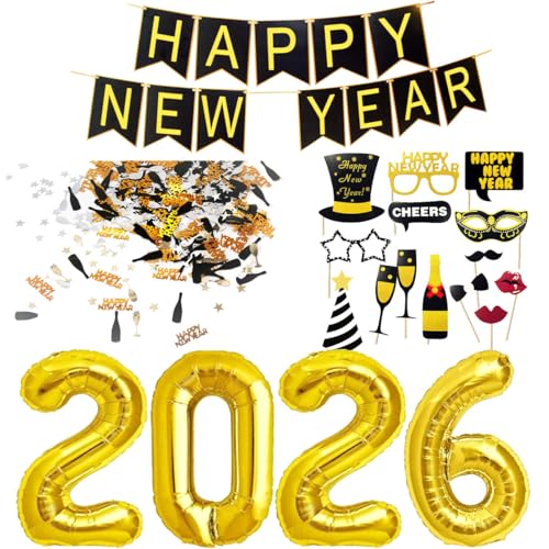 Silvester Deko – Dekoration Set, Neujahr Silvesterdeko, Happy New Year Girlande + Folienballons + Fotorequisiten Masken Konfetti. Neujahrsdeko / Silvesterpartydeko Accessoire für Silvesterparty von Jonami