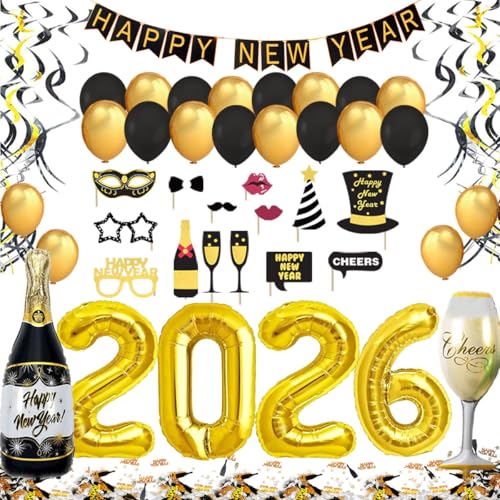 Silvester Deko – XXL Dekoration Set, Neujahr Silvesterdeko, Happy New Year Girlande, Folienballons, Fotorequisiten,Konfetti Ballons. Neujahrsdeko, Silvesterpartydeko Accessoire für Silvesterparty von Jonami