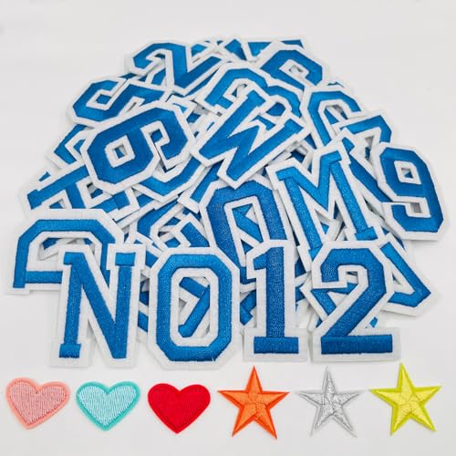 Jongdari Aufnäher zum Aufbügeln, Buchstaben und Zahlen für Kleidung, 5,1 cm, Stickerei, Alphabet, Letterman, Jacke, Aufnäher A-Z & 0–9 Applikation für Rucksack und Stoff (blau, 78 Stück) von Jongdari