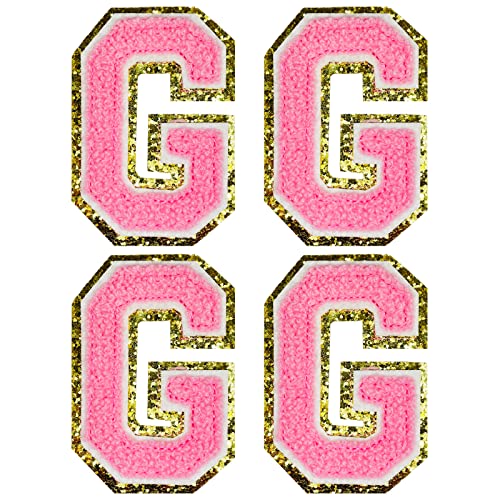 Jongdari Buchstaben-Aufnäher aus Chenille, zum Aufbügeln, für Kleidung, 4 Stück, englischer Buchstabe G mit goldenem Glitzerrand, Alphabet-Nähapplikationen (Pink G) von Jongdari